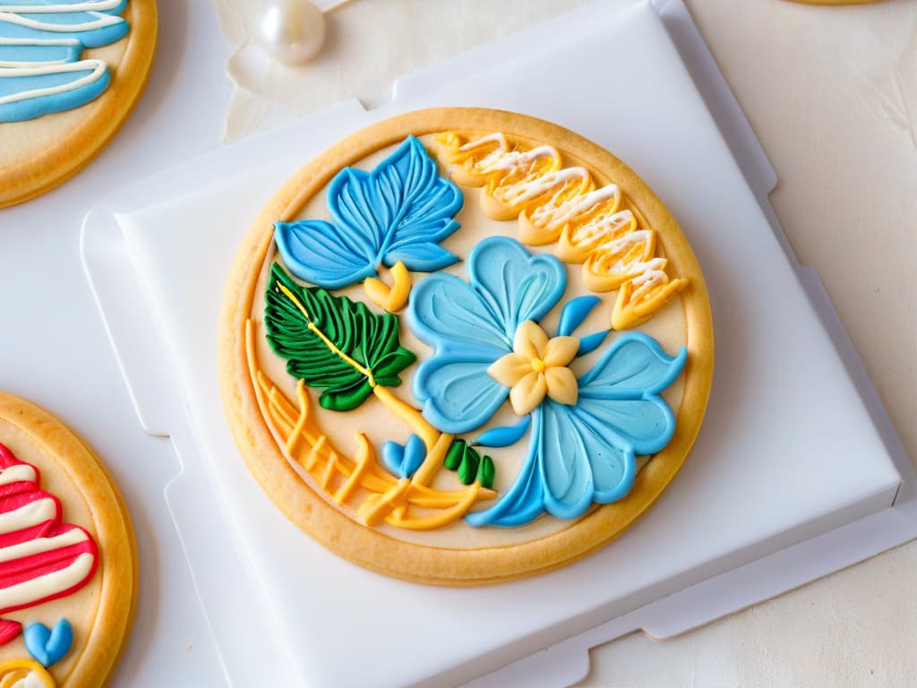  A closeup, ultradetailed image of a delicate sugar cookie decorated with intricate icing designs in vibrant colors, showcasing meticulous attention to detail and artistic flair. Each stroke of icing is perfectly placed, creating a stunning visual display of artistry and skill in cookie decorating. The cookie sits on a clean, white background, emphasizing the minimalistic style and allowing the viewer to fully appreciate the precision and craftsmanship of the design. hyperrealistic, full body, detailed clothing, highly detailed, cinematic lighting, stunningly beautiful, intricate, sharp focus, f/1. 8, 85mm, (centered image composition), (professionally color graded), ((bright soft diffused light)), volumetric fog, trending on instagram, trending on tumblr, HDR 4K, 8K