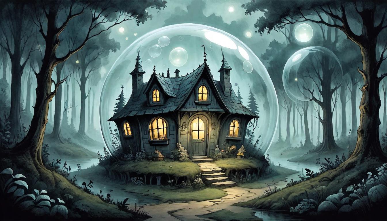  on parchment, surrealism+++, An ethereal bubble encasing a small house, faintly glowing with protective light, dark forest in the background, sense of safety amidst lurking dangers, magical, secure.(mysterious, provocative, symbolic,muted color)+++