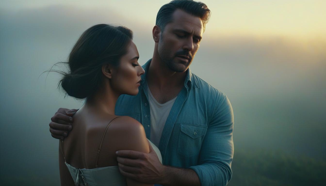  A man strokes a girl gently on the neck. hyperrealistic, full body, detailed clothing, highly detailed, cinematic lighting, stunningly beautiful, intricate, sharp focus, f/1. 8, 85mm, (centered image composition), (professionally color graded), ((bright soft diffused light)), volumetric fog, trending on instagram, trending on tumblr, HDR 4K, 8K