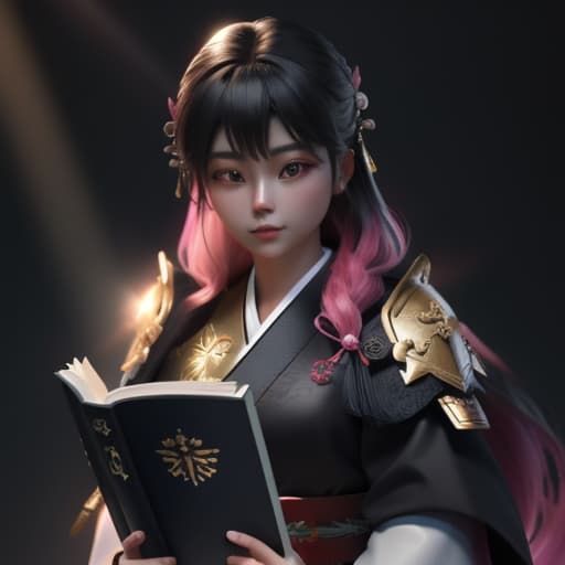  A Christian Holy paladin beautiful girl magical samurai uses katana loves God with her heart, her favorite colors are black, gold and pink, she golden rays come from her body ful body she reads her Bible , hyperrealistic, high quality, highly detailed, cinematic lighting, intricate, sharp focus, f/1. 8, 85mm, (centered image composition), (professionally color graded), ((bright soft diffused light)), volumetric fog, trending on instagram, HDR 4K, 8K