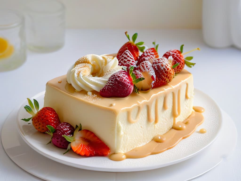  An ultradetailed closeup of a slice of tres leches cake resting on a delicate white porcelain plate, showcasing the moist texture of the cake, with a drizzle of three types of milk elegantly cascading down the sides, adorned with a single plump strawberry on top, glistening with droplets of water. The background is softly blurred, emphasizing the intricate details of the cake and creating a sense of indulgent simplicity. hyperrealistic, full body, detailed clothing, highly detailed, cinematic lighting, stunningly beautiful, intricate, sharp focus, f/1. 8, 85mm, (centered image composition), (professionally color graded), ((bright soft diffused light)), volumetric fog, trending on instagram, trending on tumblr, HDR 4K, 8K