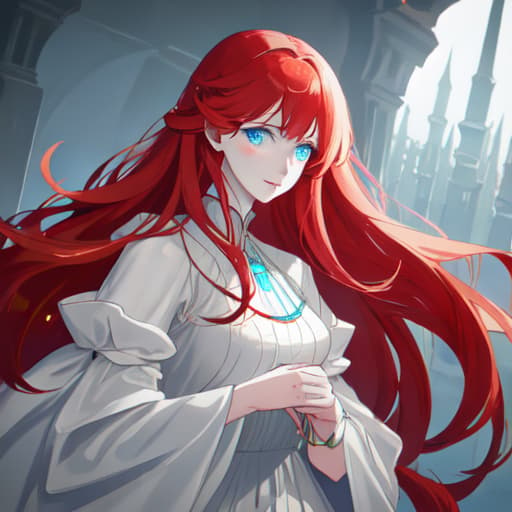  a girl manhua character with red hair and bright soft blue eyes with white skin wearing noble dress hyperrealistic, full body, detailed clothing, highly detailed, cinematic lighting, stunningly beautiful, intricate, sharp focus, f/1. 8, 85mm, (centered image composition), (professionally color graded), ((bright soft diffused light)), volumetric fog, trending on instagram, trending on tumblr, HDR 4K, 8K