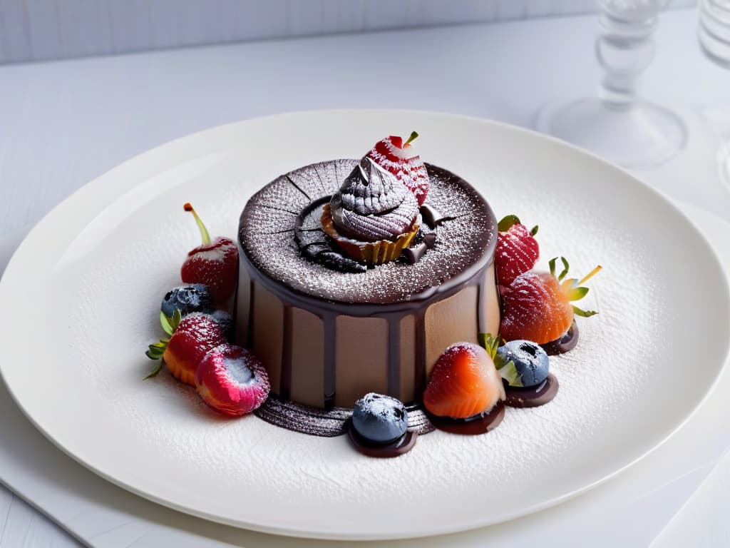  A highresolution, minimalist image of a beautifully plated lowcalorie dessert, showcasing intricate details such as delicate swirls of chocolate sauce, fresh berries arranged artfully, and a dusting of powdered sugar on a pristine white plate. The dessert should exude elegance and sophistication, appealing to both the visual and culinary senses, with a focus on presentation and aesthetic appeal. hyperrealistic, full body, detailed clothing, highly detailed, cinematic lighting, stunningly beautiful, intricate, sharp focus, f/1. 8, 85mm, (centered image composition), (professionally color graded), ((bright soft diffused light)), volumetric fog, trending on instagram, trending on tumblr, HDR 4K, 8K