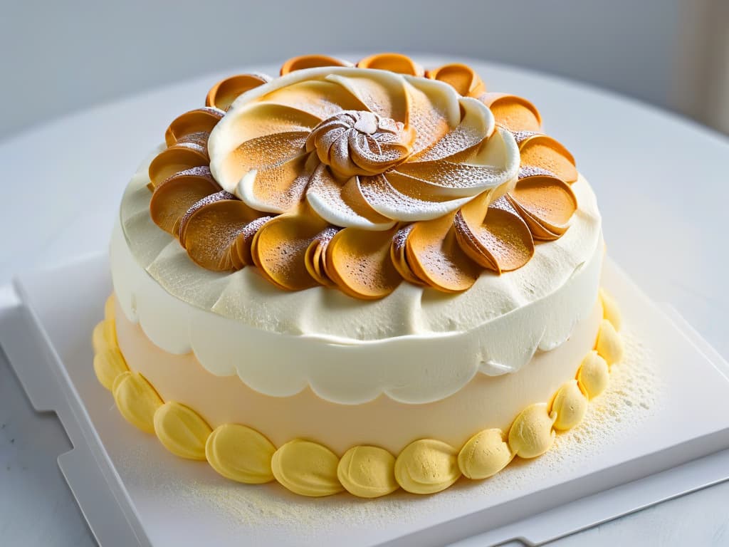  A closeup, ultradetailed image of a perfectly goldenbrown pavlova base, showcasing delicate swirls and peaks of meringue with a subtle shimmer under a soft, natural light. The texture is so finely detailed that individual sugar granules are visible, creating a mesmerizing pattern reminiscent of a delicate lace doily. hyperrealistic, full body, detailed clothing, highly detailed, cinematic lighting, stunningly beautiful, intricate, sharp focus, f/1. 8, 85mm, (centered image composition), (professionally color graded), ((bright soft diffused light)), volumetric fog, trending on instagram, trending on tumblr, HDR 4K, 8K