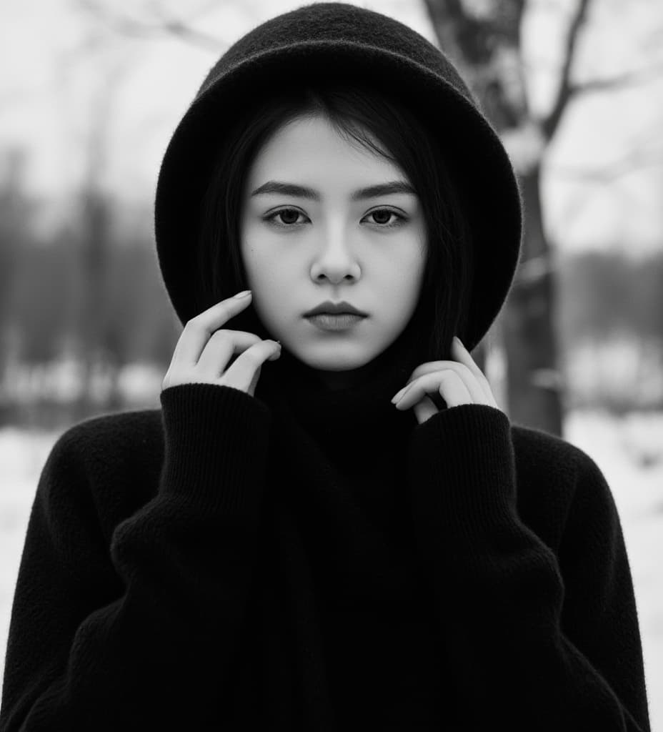  good quality, high quality, a black and white portrait of a young woman with a captivating gaze. she's bundled up in a cozy black sweater,hands gently cupped near her face. the monochromatic tones highlight her delicate features and the contemplative mood of the image