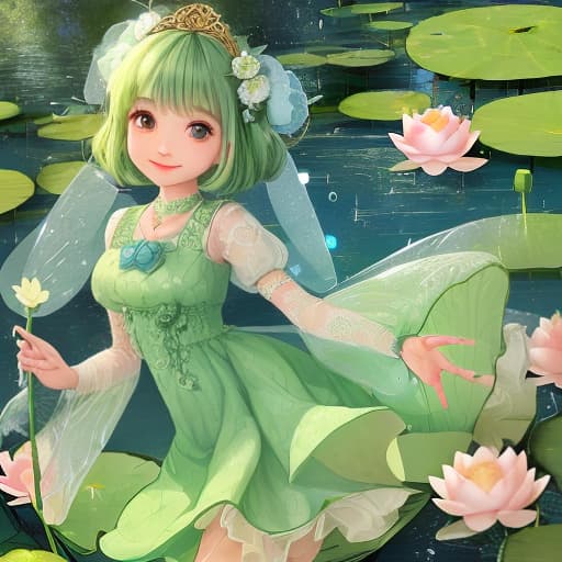  The mascot is a cute fairy with lotus and water ripples. She looks delicate and cute. She wears a beautiful lotus green dress with delicate water ripples. She wears a lotus-shaped hair accessory with sparkling water drops. She has a pair of bright big eyes and a smile, kindness and warmth. The mascot's arms and are rippled, making her look more lively. She holds a lotus flower in her hand, symbolizing happiness and good luck. ，