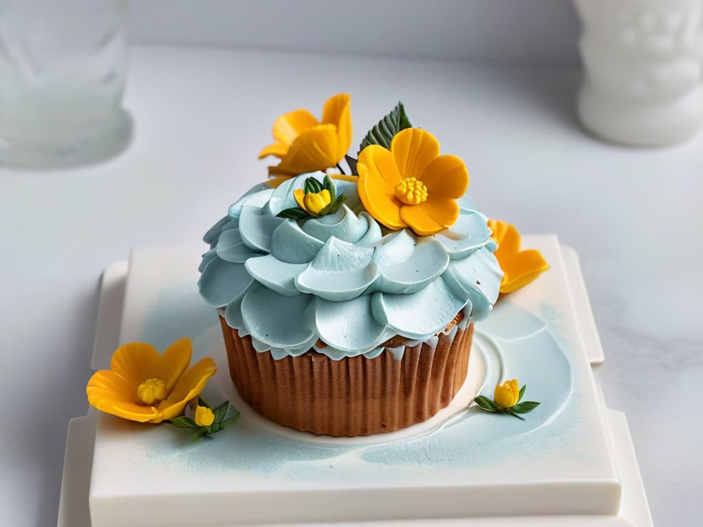  A closeup, ultradetailed image of a perfectly frosted cupcake with delicate handcrafted sugar flowers on top, placed on a sleek, modern marble platter. The frosting is flawlessly smooth, reflecting the light to create a subtle shimmer, while the sugar flowers showcase intricate details and vibrant colors. The minimalistic composition allows the viewer to focus on the exquisite craftsmanship and artistry of the dessert, evoking a sense of sophistication and elegance. hyperrealistic, full body, detailed clothing, highly detailed, cinematic lighting, stunningly beautiful, intricate, sharp focus, f/1. 8, 85mm, (centered image composition), (professionally color graded), ((bright soft diffused light)), volumetric fog, trending on instagram, trending on tumblr, HDR 4K, 8K