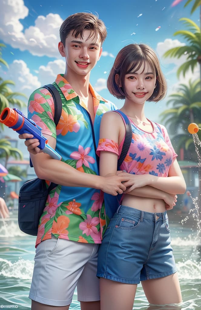  realistic photo of one smiling student and one smiling student boy in colorful hawaii shirt ,all both holding a small Water Gun , wearing white sport shoes , in Songkran Festival Thailand , standing back to back each other, drop water all , Festival gadgets, water around splashed, sky, cloud, Songkran Festival background. , Hi Resolution. Details and sharpness of the highest quality. hyperrealistic, full body, detailed clothing, highly detailed, cinematic lighting, stunningly beautiful, intricate, sharp focus, f/1. 8, 85mm, (centered image composition), (professionally color graded), ((bright soft diffused light)), volumetric fog, trending on instagram, trending on tumblr, HDR 4K, 8K