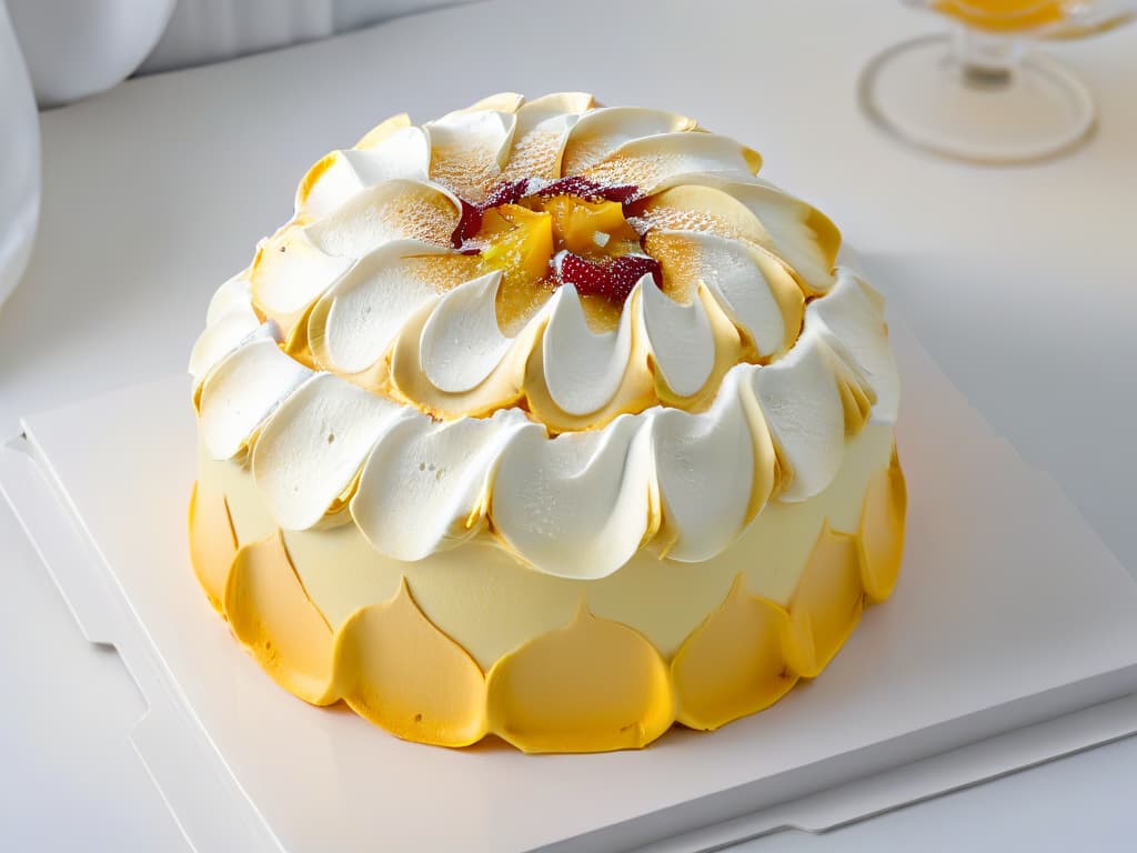  A closeup, ultradetailed image of a perfectly baked Pavlova meringue shell, showcasing a crisp, golden exterior with delicate cracks, set against a stark white background to highlight its flawless texture and elegant simplicity. hyperrealistic, full body, detailed clothing, highly detailed, cinematic lighting, stunningly beautiful, intricate, sharp focus, f/1. 8, 85mm, (centered image composition), (professionally color graded), ((bright soft diffused light)), volumetric fog, trending on instagram, trending on tumblr, HDR 4K, 8K