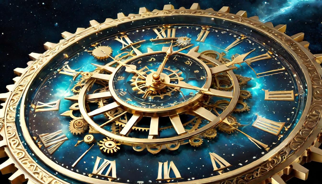  digital illustration, A celestial clock with golden gears and intricate designs, gears interlocking, cosmic dust swirling around, sense of destiny, divine timing, looking at viewer, dynamic pose, (intricate details, masterpiece, best quality)