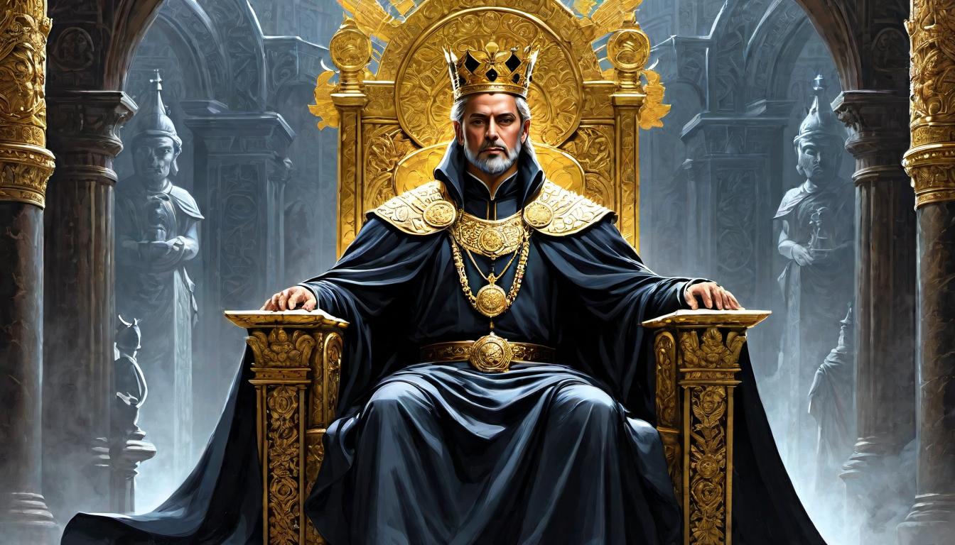  （surrealism)A regal male figure, golden crown, flowing robes, seated on a grand ornate throne, surrounded by symbols of wisdom, ancient books and scrolls, kingly presence, sagacity, authority mystic, intricate details, best quality)