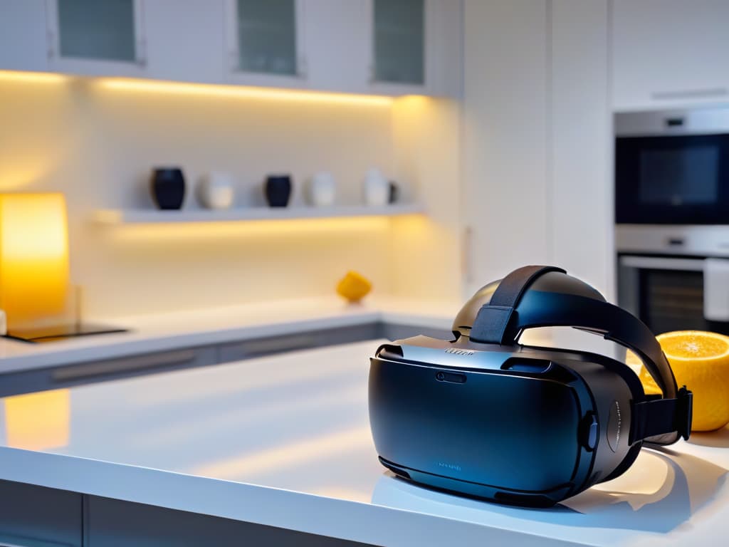  An ultradetailed image of a virtual reality headset placed on a sleek, modern kitchen countertop. The headset is illuminated with a soft, futuristic glow, reflecting off the polished surface below. The kitchen background is blurred, showcasing hints of baking tools and ingredients subtly scattered around, hinting at the fusion of technology and traditional culinary elements. hyperrealistic, full body, detailed clothing, highly detailed, cinematic lighting, stunningly beautiful, intricate, sharp focus, f/1. 8, 85mm, (centered image composition), (professionally color graded), ((bright soft diffused light)), volumetric fog, trending on instagram, trending on tumblr, HDR 4K, 8K