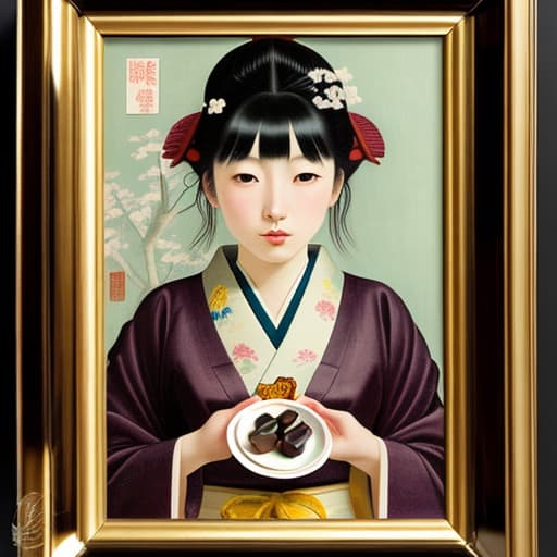  Attractive Beautiful young modern Japanese girl dressed in imperial attire with moist parted lips. Foreground is plates of fine dark chocolates. Background is an exclusive Japanese restaurant . Painting style of Edgar Degas