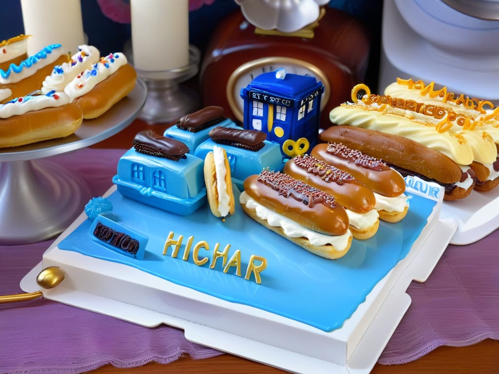  A photorealistic image of a kitchen counter adorned with a variety of Doctor Whothemed eclairs. Each eclair is meticulously decorated to represent different elements of the beloved scifi series, such as a TARDISinspired eclair with blue icing and white fondant details, a Dalekinspired eclair with metallic silver accents, and a Sonic Screwdrivershaped eclair with intricate marzipan embellishments. The eclairs are beautifully arranged on a sleek marble countertop, with scattered sugar crystals glistening under the warm kitchen lights, creating a mouthwatering and visually stunning display. hyperrealistic, full body, detailed clothing, highly detailed, cinematic lighting, stunningly beautiful, intricate, sharp focus, f/1. 8, 85mm, (centered image composition), (professionally color graded), ((bright soft diffused light)), volumetric fog, trending on instagram, trending on tumblr, HDR 4K, 8K