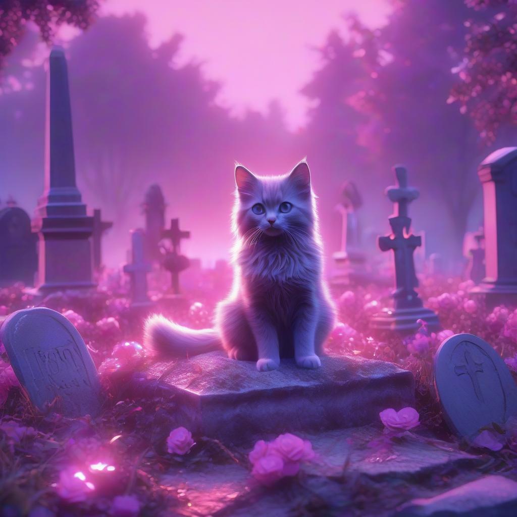  anime artwork A kitten sitting in front of a grave on a cemetery in a violet pink palette. . anime style, key visual, vibrant, studio anime, highly detailed hyperrealistic, full body, detailed clothing, highly detailed, cinematic lighting, stunningly beautiful, intricate, sharp focus, f/1. 8, 85mm, (centered image composition), (professionally color graded), ((bright soft diffused light)), volumetric fog, trending on instagram, trending on tumblr, HDR 4K, 8K