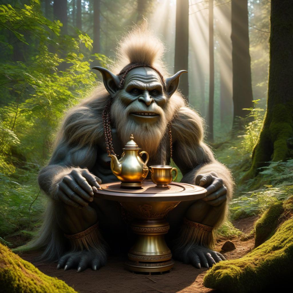  Renaissance style A huge 3 meter troll in the forest and a Russian samovar . realistic, perspective, light and shadow, religious or mythological themes, highly detailed hyperrealistic, full body, detailed clothing, highly detailed, cinematic lighting, stunningly beautiful, intricate, sharp focus, f/1. 8, 85mm, (centered image composition), (professionally color graded), ((bright soft diffused light)), volumetric fog, trending on instagram, trending on tumblr, HDR 4K, 8K