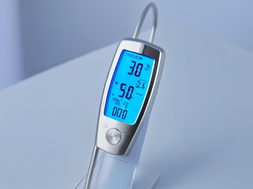  A closeup, ultradetailed image of a sleek, modern digital thermometer with a stainless steel probe, featuring a crystalclear display showing the precise temperature reading. The background is a soft, blurred gradient that enhances the minimalist design of the thermometer, creating a professional and sophisticated visual appeal. hyperrealistic, full body, detailed clothing, highly detailed, cinematic lighting, stunningly beautiful, intricate, sharp focus, f/1. 8, 85mm, (centered image composition), (professionally color graded), ((bright soft diffused light)), volumetric fog, trending on instagram, trending on tumblr, HDR 4K, 8K