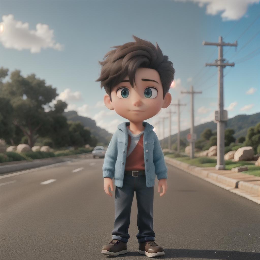  A Young Boy On Road hyperrealistic, full body, detailed clothing, highly detailed, cinematic lighting, stunningly beautiful, intricate, sharp focus, f/1. 8, 85mm, (centered image composition), (professionally color graded), ((bright soft diffused light)), volumetric fog, trending on instagram, trending on tumblr, HDR 4K, 8K