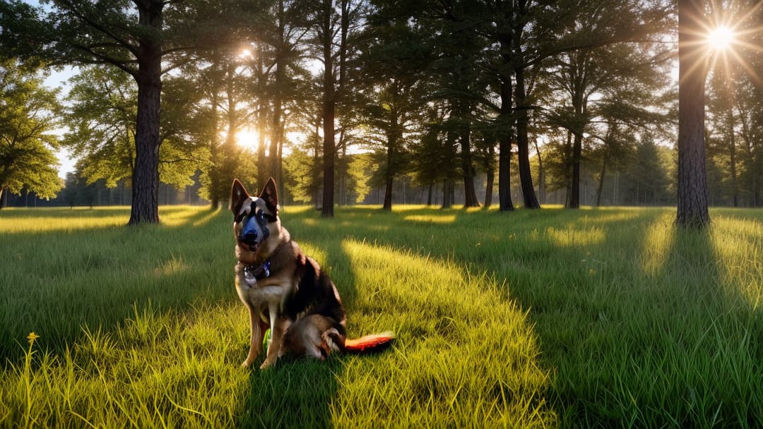  Create a hyper-realistic image of a German Shepherd standing in a lush, green meadow during the golden hour, just before sunset. The dog should be captured in a side profile, showcasing its rich tan and black coat, with a focused expression. Its ears should be perked up and attentive. The light should cast a warm glow on the dog, highlighting the texture of its thick fur and creating soft shadows on the ground. The background should be slightly blurred, featuring wildflowers and a few scattered trees, enhancing the depth of the scene. The overall atmosphere should convey a serene and natural setting. hyperrealistic, full body, detailed clothing, highly detailed, cinematic lighting, stunningly beautiful, intricate, sharp focus, f/1. 8, 85mm, (centered image composition), (professionally color graded), ((bright soft diffused light)), volumetric fog, trending on instagram, trending on tumblr, HDR 4K, 8K