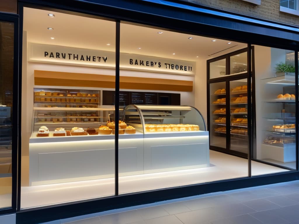  An ultradetailed 8k image of a sleek, modern bakery storefront with large glass windows showcasing elegant pastries and cakes arranged in a visually appealing manner. The interior is minimalist yet inviting, with soft, warm lighting highlighting the intricate details of the desserts on display. Customers, dressed in stylish attire, are seen browsing the selection, adding a touch of sophistication to the scene. hyperrealistic, full body, detailed clothing, highly detailed, cinematic lighting, stunningly beautiful, intricate, sharp focus, f/1. 8, 85mm, (centered image composition), (professionally color graded), ((bright soft diffused light)), volumetric fog, trending on instagram, trending on tumblr, HDR 4K, 8K