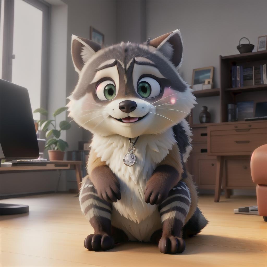  raccoon sitting in gaming chair front a computer on desktop, ((semi anthropomorphic)),(full body), tail, belly, sitting, fat, (chubby), (((white background))), solo, desktop, gaming chair, side view,  [[[clothes]]] hyperrealistic, full body, detailed clothing, highly detailed, cinematic lighting, stunningly beautiful, intricate, sharp focus, f/1. 8, 85mm, (centered image composition), (professionally color graded), ((bright soft diffused light)), volumetric fog, trending on instagram, trending on tumblr, HDR 4K, 8K