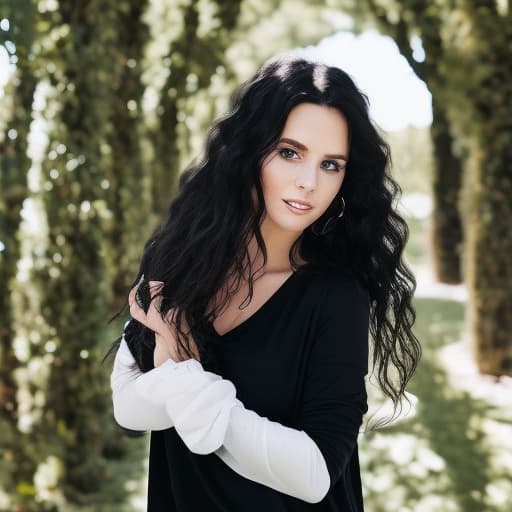 portrait+ style A woman with long black hair and white top posing for a picture