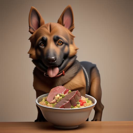  the dog stands in front of a bowl of meat. The dog is German Shepherd stands near a bowl of meat. There is beef chicken in a bowl. The dog is happy. The dog is happy