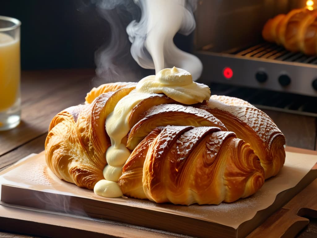  A closeup, highresolution image of a golden, flaky croissant fresh out of the oven, with steam rising delicately from its layers. The croissant is placed on a rustic wooden table, with a pat of rich European butter slowly melting on top, enhancing the golden hue of the pastry. The lighting is soft, casting a warm glow over the scene and highlighting the buttery goodness of the freshly baked treat. hyperrealistic, full body, detailed clothing, highly detailed, cinematic lighting, stunningly beautiful, intricate, sharp focus, f/1. 8, 85mm, (centered image composition), (professionally color graded), ((bright soft diffused light)), volumetric fog, trending on instagram, trending on tumblr, HDR 4K, 8K