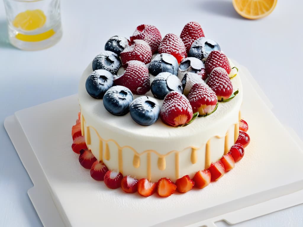  A closeup, ultradetailed image of a delicate, intricate pastry topped with vibrant, fresh berries and drizzled with a glossy glaze, set against a clean, white background to emphasize the fine details of the dessert. hyperrealistic, full body, detailed clothing, highly detailed, cinematic lighting, stunningly beautiful, intricate, sharp focus, f/1. 8, 85mm, (centered image composition), (professionally color graded), ((bright soft diffused light)), volumetric fog, trending on instagram, trending on tumblr, HDR 4K, 8K