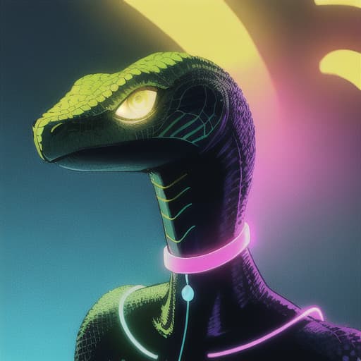  extended long necked reptile alien, wearing a futuristic large bead choker collar that is glowing mixed colors of yellow and blue around neck, Professional lighting and shadows