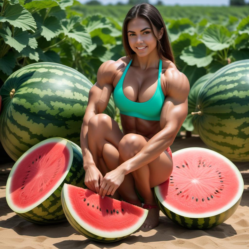  muscular girl, squashes a watermelon between quads, squeezes watermelon between, scissorhold, watermelon squashed, barefoot, huge calves, full body shot, 8k, high quality