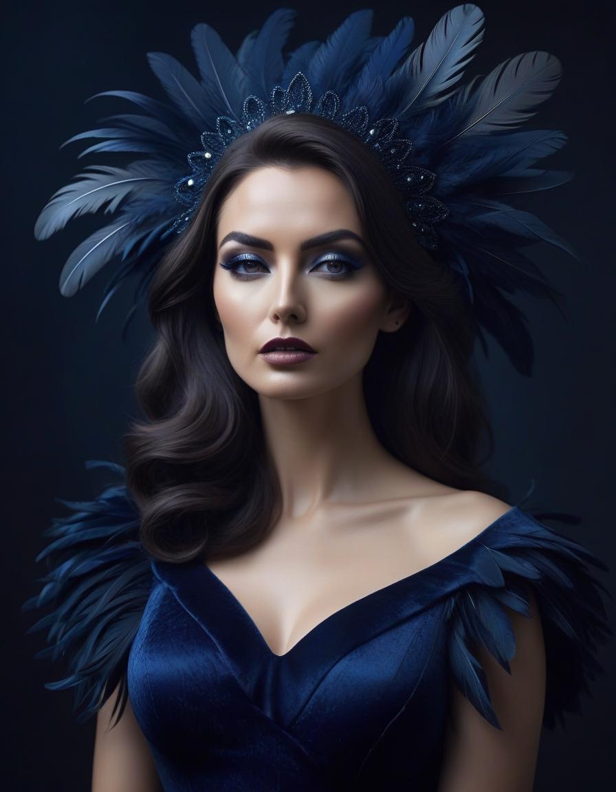  surrealist art Portrait of a beautiful in a dark blue velvet Lorrain dress, on beautiful hair adorned with soft feathers of dark blue colour . dreamlike, mysterious, , symbolic, intricate, detailed hyperrealistic, full body, detailed clothing, highly detailed, cinematic lighting, stunningly beautiful, intricate, sharp focus, f/1. 8, 85mm, (centered image composition), (professionally color graded), ((bright soft diffused light)), volumetric fog, trending on instagram, trending on tumblr, HDR 4K, 8K