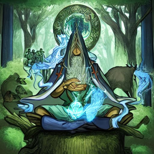  A wizard sitting in a meditative position in a forest with nature and animals surrounding him,hes reaching enlightenment with hes higher self