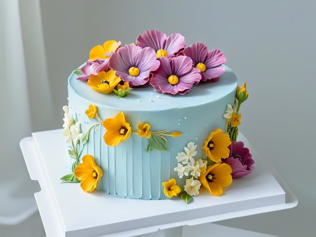  A closeup, ultradetailed image of a beautifully decorated glutenfree cake, showcasing intricate piping work in pastel colors, delicate edible flowers, and shimmering gold accents. The cake is set on a pristine white cake stand, with soft natural light highlighting the textures and details of the exquisite dessert. hyperrealistic, full body, detailed clothing, highly detailed, cinematic lighting, stunningly beautiful, intricate, sharp focus, f/1. 8, 85mm, (centered image composition), (professionally color graded), ((bright soft diffused light)), volumetric fog, trending on instagram, trending on tumblr, HDR 4K, 8K