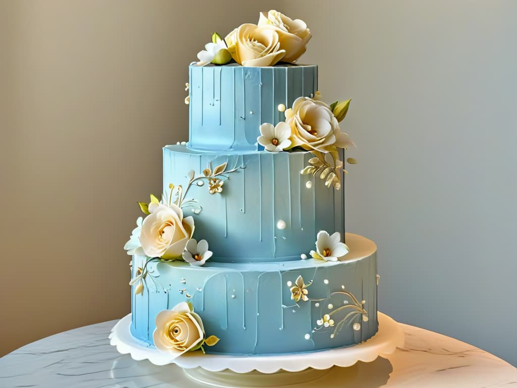  A photorealistic image of an intricately decorated threetiered wedding cake, adorned with cascading sugar flowers in pastel hues, delicate piping details, and shimmering edible gold accents. The cake is displayed on a marble cake stand against a softfocus background of a sophisticated bakery setting, with soft natural lighting highlighting the exquisite craftsmanship and elegant presentation. hyperrealistic, full body, detailed clothing, highly detailed, cinematic lighting, stunningly beautiful, intricate, sharp focus, f/1. 8, 85mm, (centered image composition), (professionally color graded), ((bright soft diffused light)), volumetric fog, trending on instagram, trending on tumblr, HDR 4K, 8K