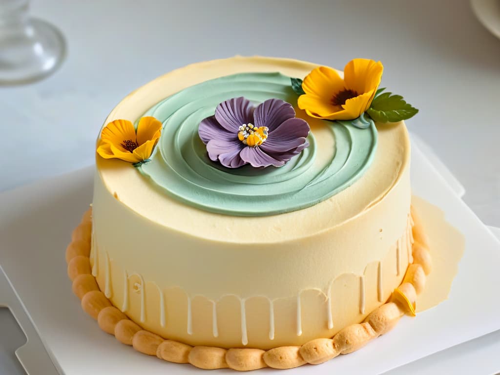  A closeup, ultradetailed image of a handcrafted, exquisite pastry on a sleek, modern plate. The pastry is elegantly decorated with intricate swirls of pastelcolored icing, delicate edible flowers, and shimmering gold leaf accents. The background is softly blurred to keep the focus solely on the intricate details and artistry of the pastry, highlighting the beauty of sustainable and visually appealing branding in the pastry industry. hyperrealistic, full body, detailed clothing, highly detailed, cinematic lighting, stunningly beautiful, intricate, sharp focus, f/1. 8, 85mm, (centered image composition), (professionally color graded), ((bright soft diffused light)), volumetric fog, trending on instagram, trending on tumblr, HDR 4K, 8K