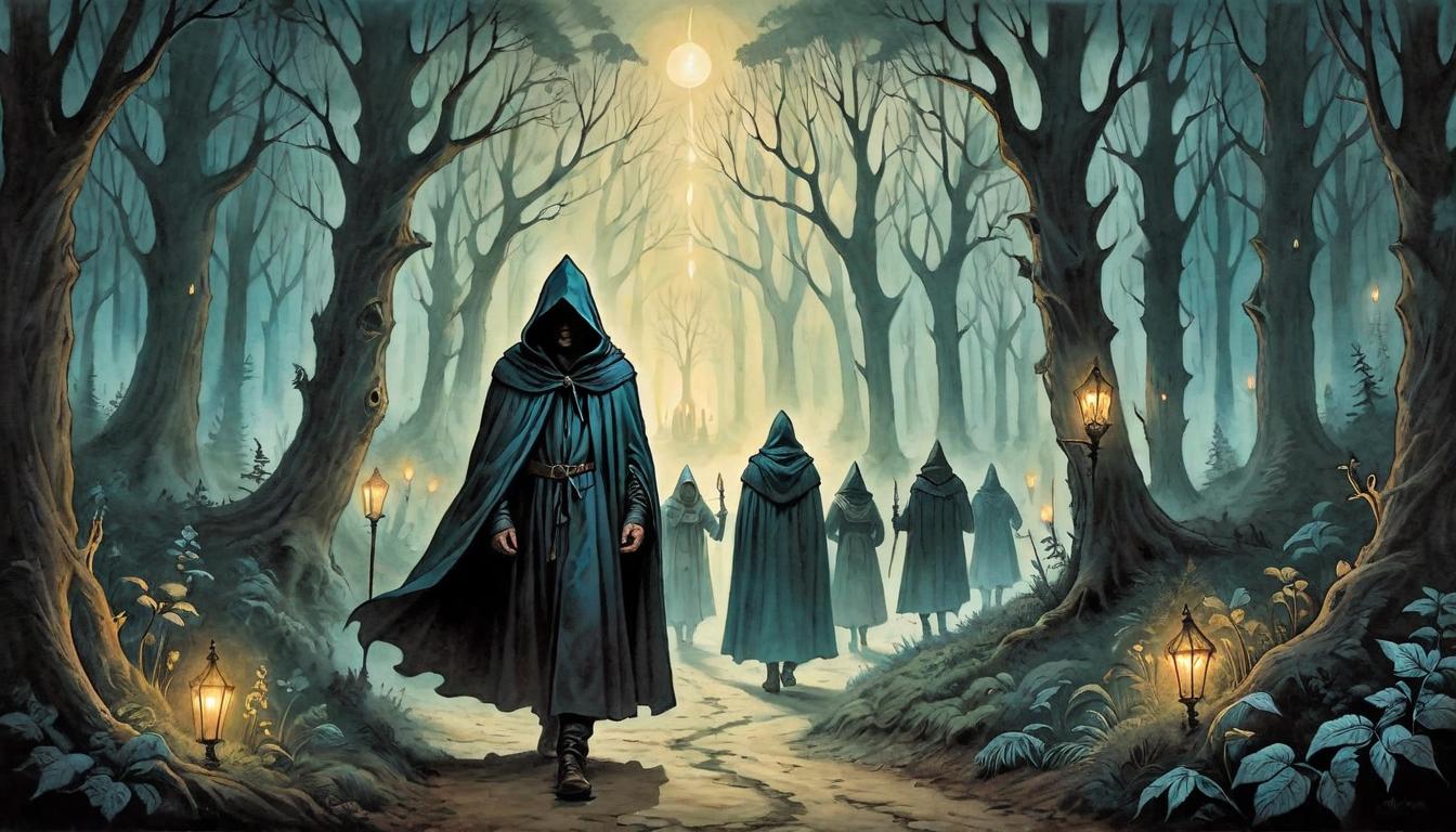  on parchment, surrealism+++, A figure in a hooded cloak, leading a group through a dark, enchanted forest, glowing pathways unfolding, guiding light, effective guidance(mysterious, provocative, symbolic,muted color)+++