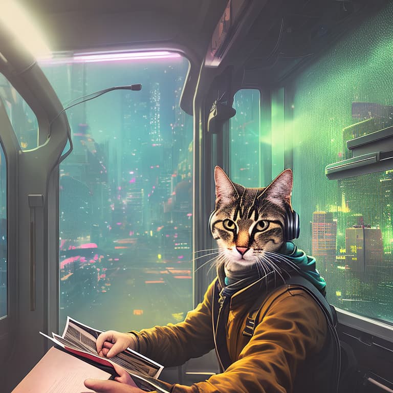 nvinkpunk Realistic image of a cat wearing headphones and reading glasses while riding a bus. hyperrealistic, full body, detailed clothing, highly detailed, cinematic lighting, stunningly beautiful, intricate, sharp focus, f/1. 8, 85mm, (centered image composition), (professionally color graded), ((bright soft diffused light)), volumetric fog, trending on instagram, trending on tumblr, HDR 4K, 8K