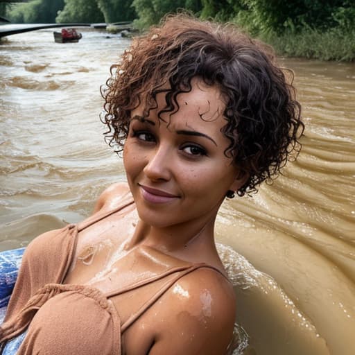  tanned woman's head with short and curly hair drowning in the river