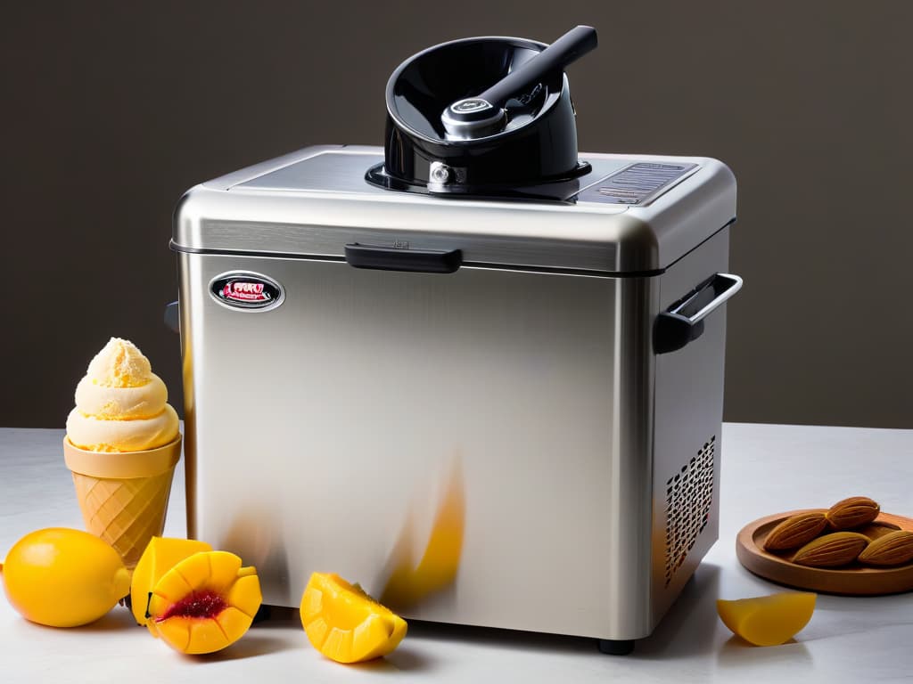  A pristine, minimalistic image of a sleek stainless steel ice cream maker churning a vibrant, creamy mango sorbet under soft, diffused lighting that highlights the smooth texture and rich color of the dessert. The focus is on the elegant simplicity of the machine in action, capturing the essence of precision and craftsmanship in the art of creating irresistible frozen treats. hyperrealistic, full body, detailed clothing, highly detailed, cinematic lighting, stunningly beautiful, intricate, sharp focus, f/1. 8, 85mm, (centered image composition), (professionally color graded), ((bright soft diffused light)), volumetric fog, trending on instagram, trending on tumblr, HDR 4K, 8K