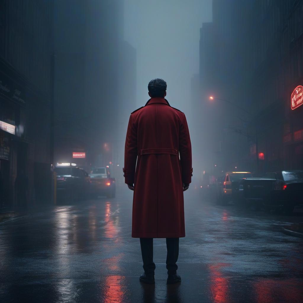  VHS, man, coat, night, red tones, stands with his back to the camera. hyperrealistic, full body, detailed clothing, highly detailed, cinematic lighting, stunningly beautiful, intricate, sharp focus, f/1. 8, 85mm, (centered image composition), (professionally color graded), ((bright soft diffused light)), volumetric fog, trending on instagram, trending on tumblr, HDR 4K, 8K