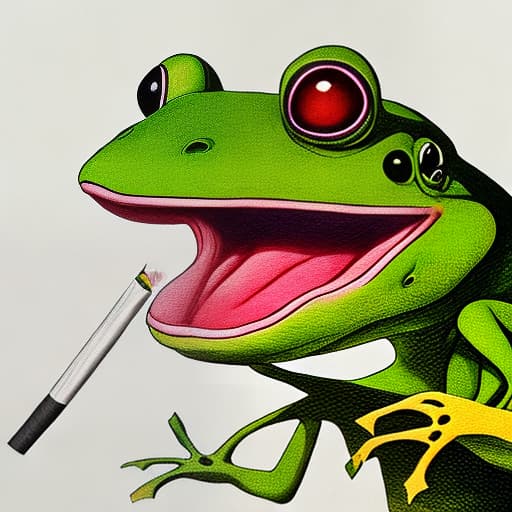 mdjrny-v4 style Prompt: 2D comic art featuring a frog dressed as Daniel Zucko, smoking a Malboro Rot with a mischievous grin. The frog exudes confidence, resembling a rebellious and stylish character. The composition includes intricate details in the frog's outfit, such as a leather jacket, slicked-back hair, and a cigarette held effortlessly. The artwork employs vibrant colors and bold lines to showcase the frog's flamboyant personality. With black pants