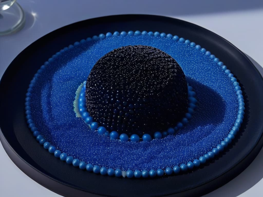  A closeup, ultradetailed image of a delicate, transparent sugar sphere encapsulating tiny, vibrant blueberryflavored caviar beads, set on a sleek, matte black plate. The caviar beads glisten under soft, focused lighting, showcasing the intricate molecular gastronomy technique of spherification. Each bead reflects the light, creating a mesmerizing play of shadows and highlights, emphasizing the precision and artistry behind creating innovative flavor combinations in molecular pastry. hyperrealistic, full body, detailed clothing, highly detailed, cinematic lighting, stunningly beautiful, intricate, sharp focus, f/1. 8, 85mm, (centered image composition), (professionally color graded), ((bright soft diffused light)), volumetric fog, trending on instagram, trending on tumblr, HDR 4K, 8K