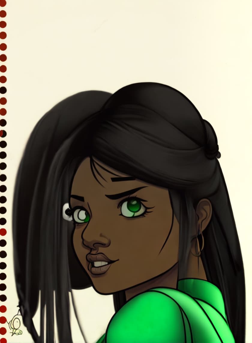  dark skinned kelly hu a disney jasmin wearing a green sleeveless dress with green eyes drawn in the style of 2-d disney animation