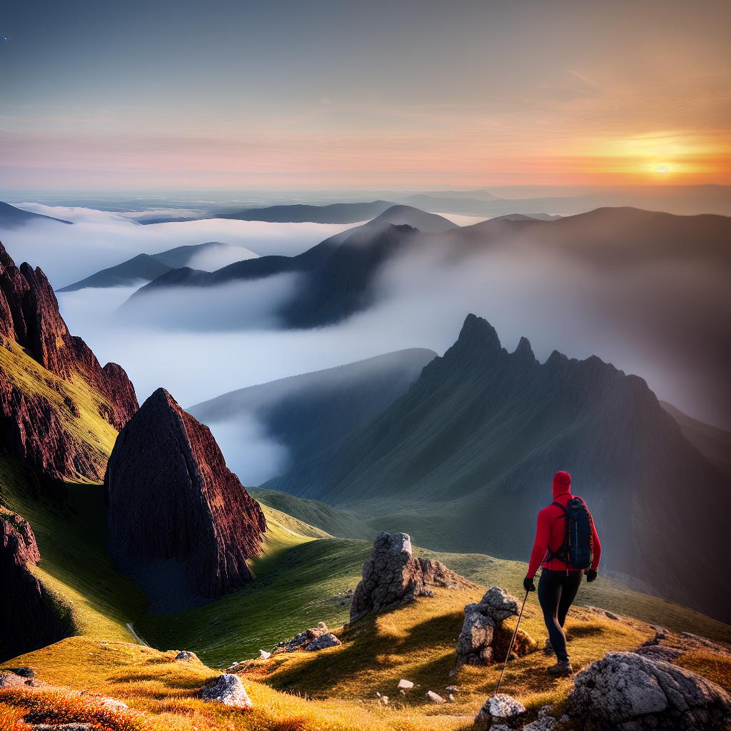  a lone hiker on a mountain peak during golden hour hyperrealistic, full body, detailed clothing, highly detailed, cinematic lighting, stunningly beautiful, intricate, sharp focus, f/1. 8, 85mm, (centered image composition), (professionally color graded), ((bright soft diffused light)), volumetric fog, trending on instagram, trending on tumblr, HDR 4K, 8K