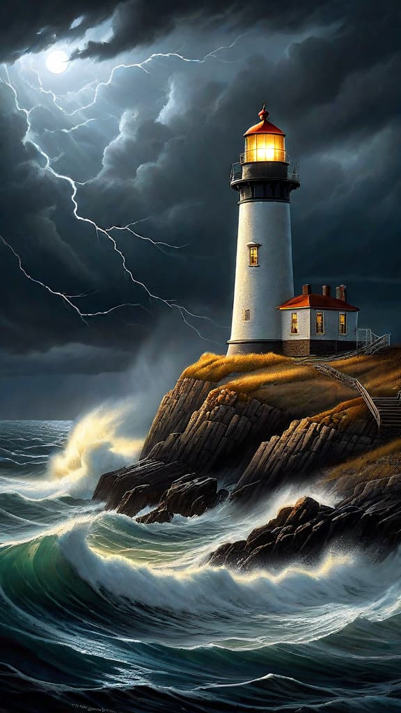  (A stormy night at a coastal lighthouse on Merrill Point. The old lighthouse stands tall, its golden beam cutting through the dark, choppy waters. Mr. Hawthorn, the lighthouse keeper, ventures out into the storm, following a peculiar pattern in the light's reflection that leads him to a washed up chest embossed with ancient runes.) hyperrealistic, full body, detailed clothing, highly detailed, cinematic lighting, stunningly beautiful, intricate, sharp focus, f/1. 8, 85mm, (centered image composition), (professionally color graded), ((bright soft diffused light)), volumetric fog, trending on instagram, trending on tumblr, HDR 4K, 8K