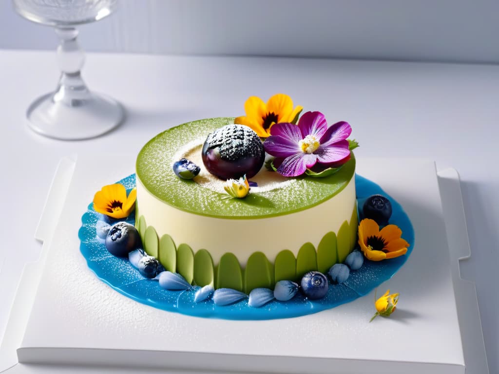  An ultradetailed closeup image of a meticulously crafted, multilayered dessert with vibrant colors and intricate details, showcasing the importance of design and aesthetics in multisensory desserts. The dessert is elegantly presented on a sleek, minimalistic white plate, with delicate garnishes and edible flowers meticulously placed to create a visually stunning and appetizing composition. The image captures the fine textures, glossy finishes, and precise arrangement of elements that highlight the care and artistry involved in creating visually appealing and aesthetically pleasing desserts. hyperrealistic, full body, detailed clothing, highly detailed, cinematic lighting, stunningly beautiful, intricate, sharp focus, f/1. 8, 85mm, (centered image composition), (professionally color graded), ((bright soft diffused light)), volumetric fog, trending on instagram, trending on tumblr, HDR 4K, 8K