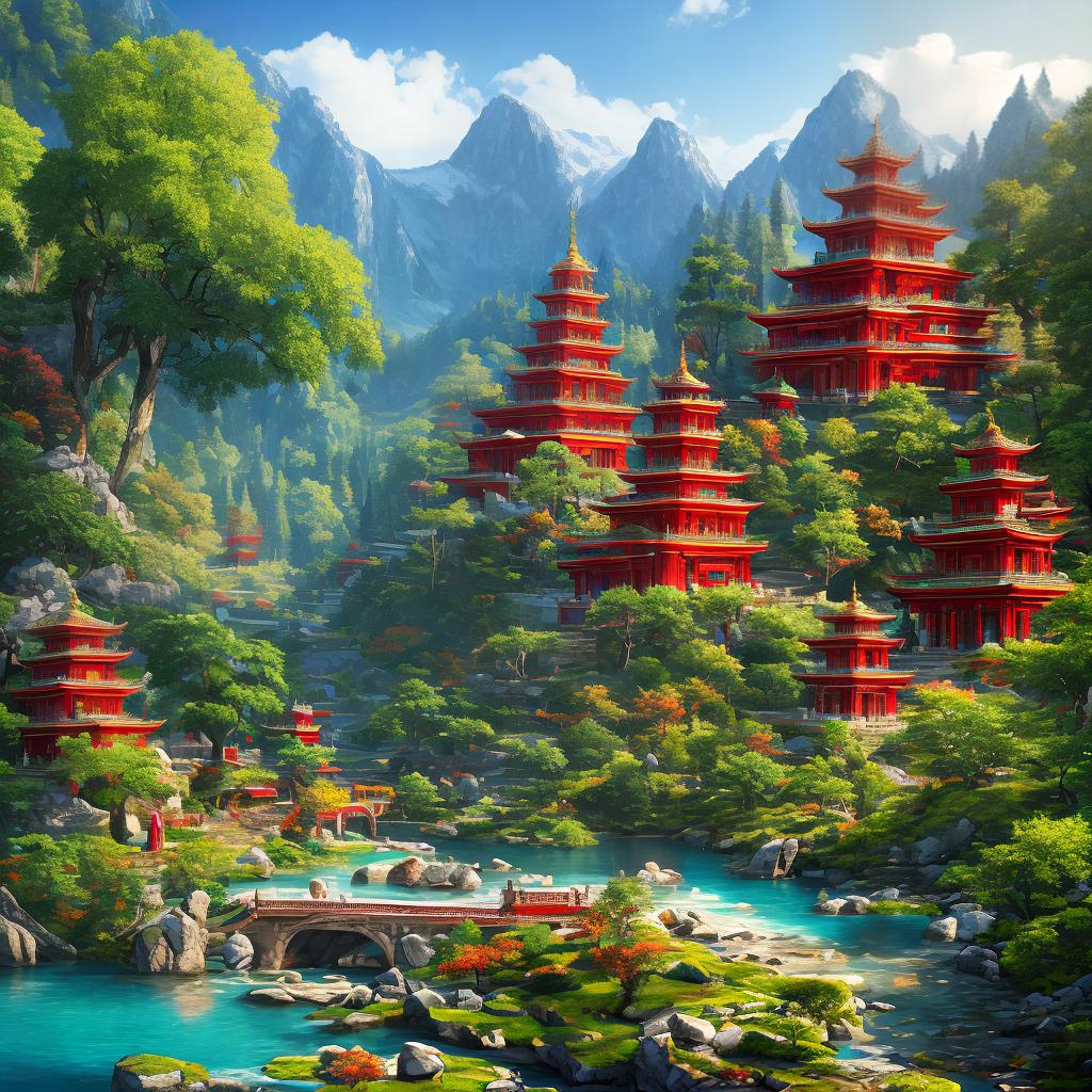  Immerse yourself in the beauty of a magnificent temple surrounded by contrasting colors. The vibrant red of the temple stands out against the snowy white, deep indigo, and lush green hues of the surroundings. This masterpiece is presented in the best quality, ensuring every intricate detail is captured in an ultra-detailed and high-detailed manner. With an 8k resolution, the artwork transports you to this serene scene, while the lighting enhances the richness of the colors. hyperrealistic, full body, detailed clothing, highly detailed, cinematic lighting, stunningly beautiful, intricate, sharp focus, f/1. 8, 85mm, (centered image composition), (professionally color graded), ((bright soft diffused light)), volumetric fog, trending on instagram, trending on tumblr, HDR 4K, 8K