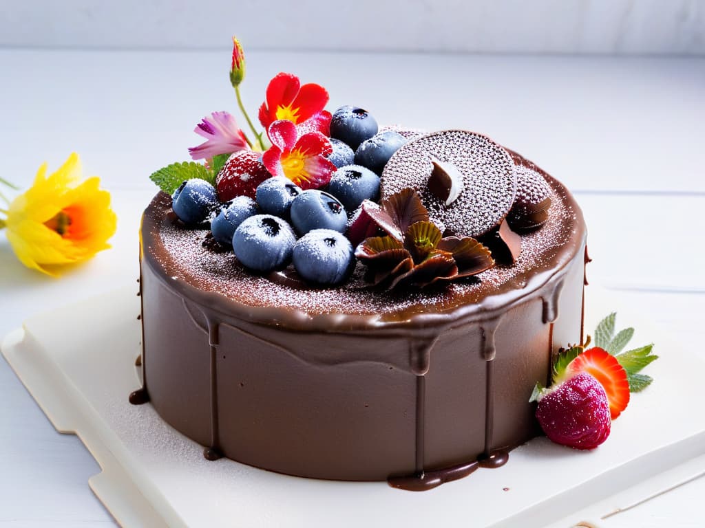  A highresolution, minimalist image of a beautifully decorated vegan chocolate cake topped with fresh berries and edible flowers, set on a sleek white marble cake stand. The cake is perfectly sliced to reveal its moist layers and rich cocoa filling, with a dusting of powdered sugar delicately sprinkled on top. The vibrant colors of the berries and flowers pop against the dark chocolate cake, creating a visually striking and appetizing image. hyperrealistic, full body, detailed clothing, highly detailed, cinematic lighting, stunningly beautiful, intricate, sharp focus, f/1. 8, 85mm, (centered image composition), (professionally color graded), ((bright soft diffused light)), volumetric fog, trending on instagram, trending on tumblr, HDR 4K, 8K