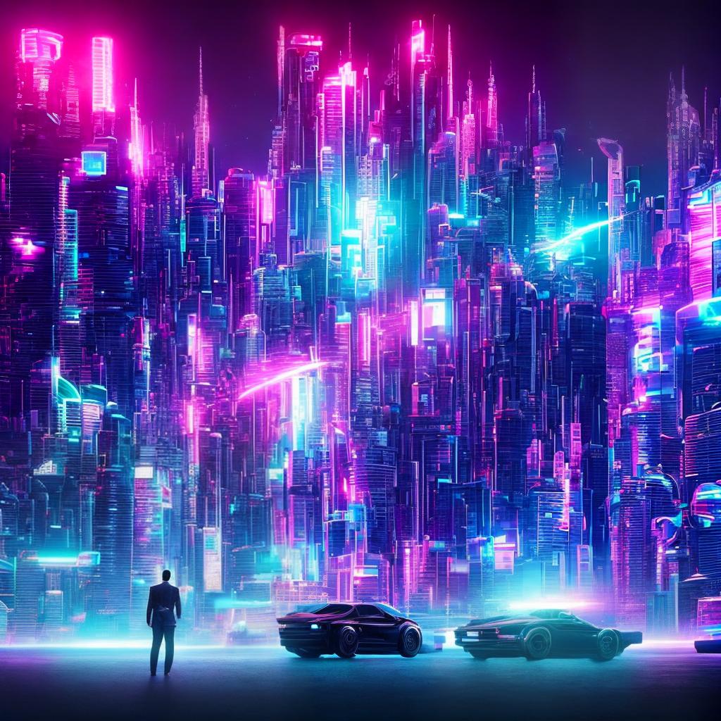  ((masterpiece)),(((best quality))), 8k, high detailed, ultra-detailed. Futuristic profile image with the text Bakuzni. A person with a futuristic hairstyle, wearing a sleek black outfit, standing against a backdrop of neon lights and skyscrapers. The person is holding a holographic tablet displaying futuristic graphics. The scene is illuminated by a vibrant purple and blue lighting, giving it a futuristic feel. hyperrealistic, full body, detailed clothing, highly detailed, cinematic lighting, stunningly beautiful, intricate, sharp focus, f/1. 8, 85mm, (centered image composition), (professionally color graded), ((bright soft diffused light)), volumetric fog, trending on instagram, trending on tumblr, HDR 4K, 8K
